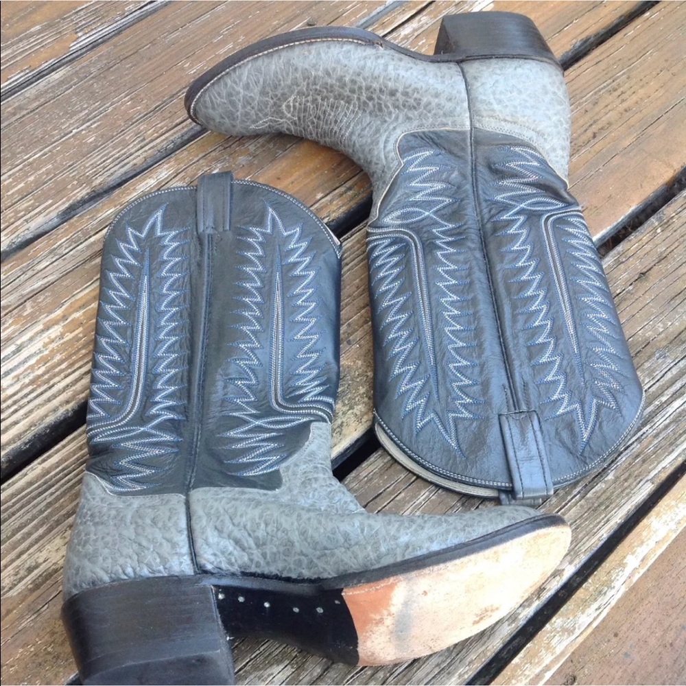 Cowtown Cowboy Western Boots 8.5 Shoes Blue Gray 2 Tone Leather Embroidery USA